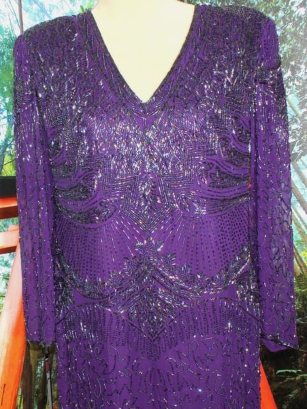 Purple beaded long vneck dress large